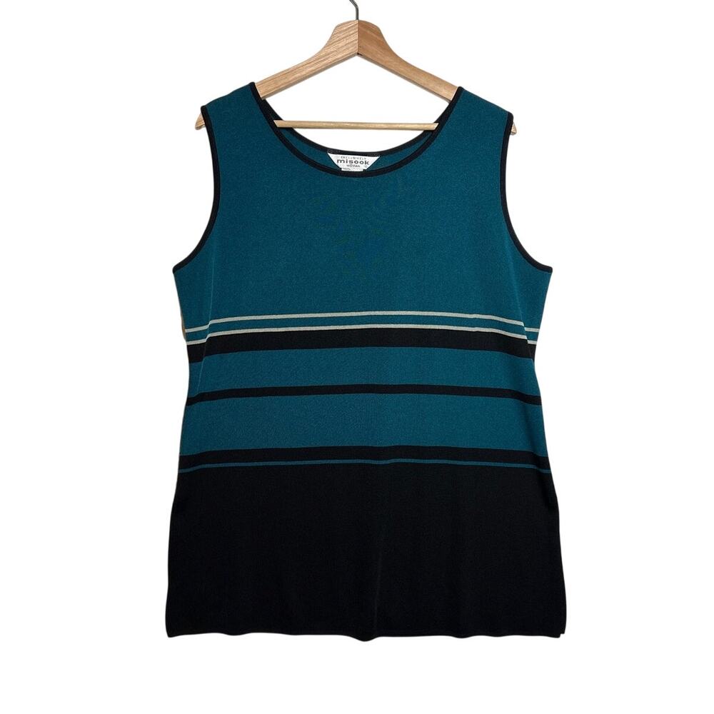 Exclusively Misook Striped Tank Top Round Neck Sz 1X Sleeveless Black Teal Green